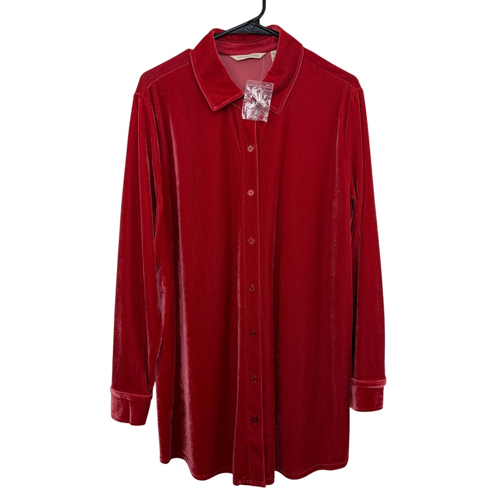Soft Surroundings Shirt Womens XL Regal Red Velvet Boyfriend Tunic Long Sleeve